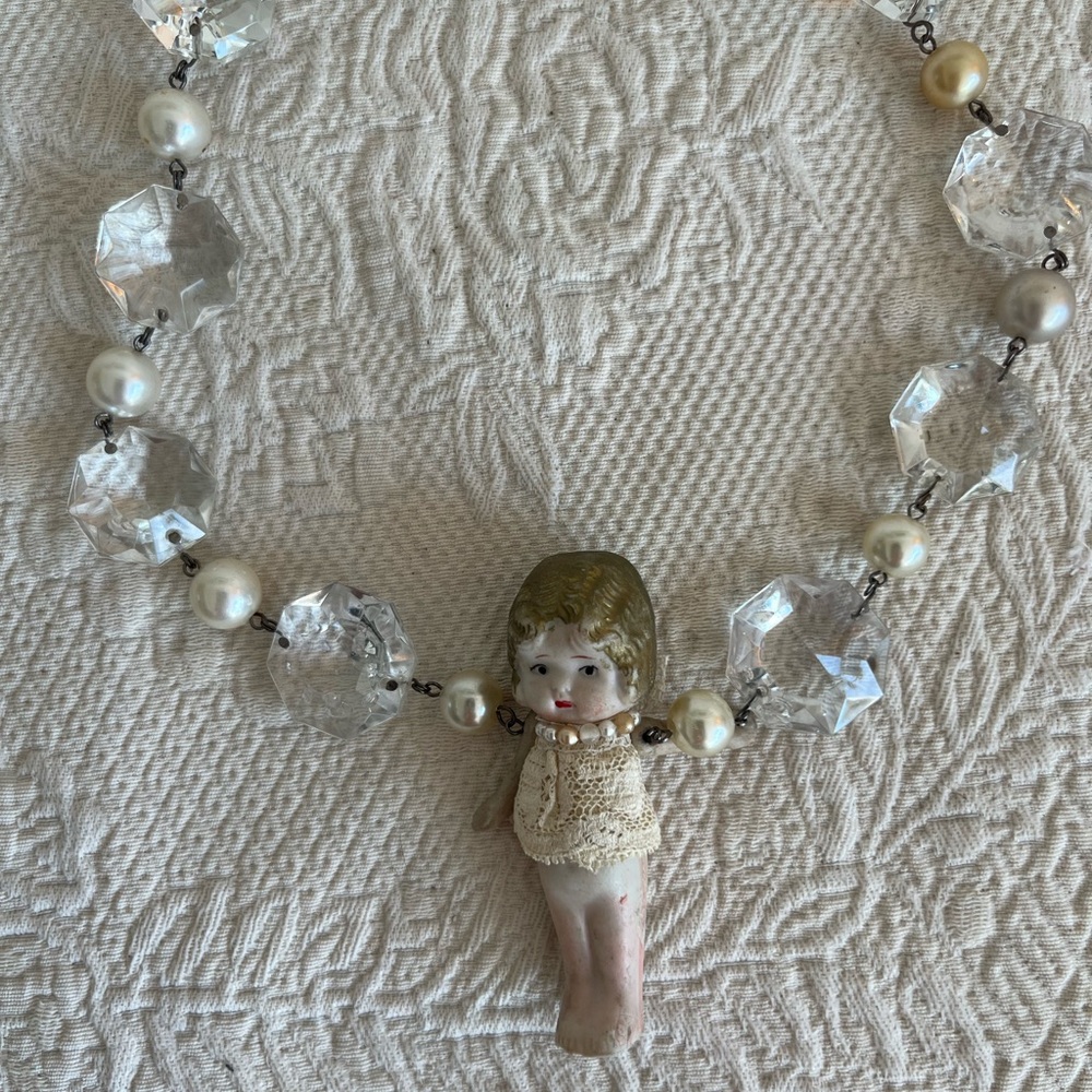 NECKLACE VINTAGE DOLL chandelier crystals Handcrafted wear or use as decor